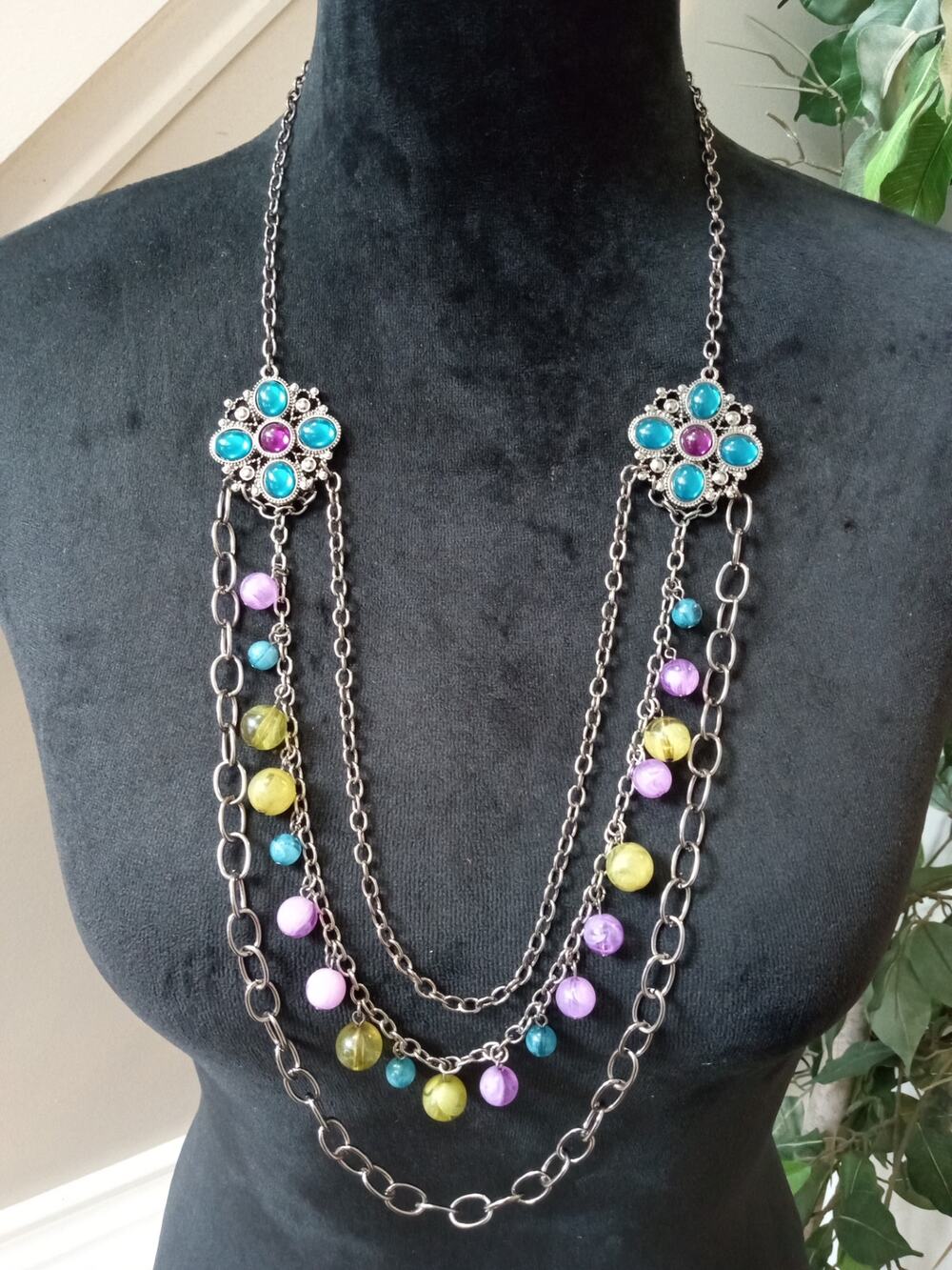 Multicolor Beaded Chain Statement Necklace Floral Rhinestone Layered Necklace